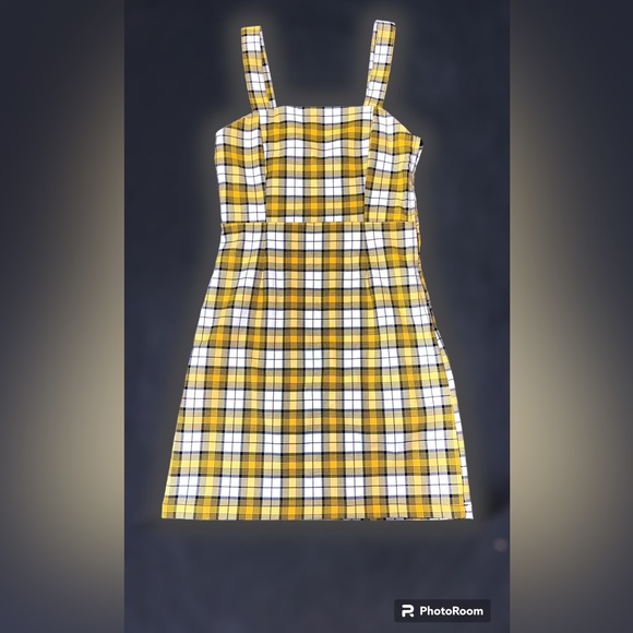 DIVIDED yellow black and white plaid brand new zip up 90s mini dress! - Picture 2 of 3
